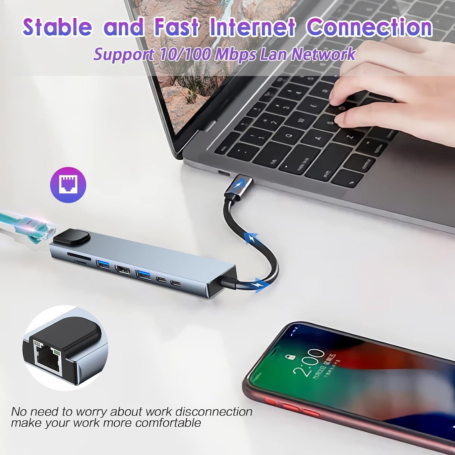 HUB USB C, Adaptateur USB C 8 en 1 avec HDMI 4K, PD 100 W, Port USB C, USB 3.0, Ethernet RJ45, Lecteur de Carte SD/TF, Station d'accueil Compatible avec MacBook Pro/Air et Autres Appareils de Type C
