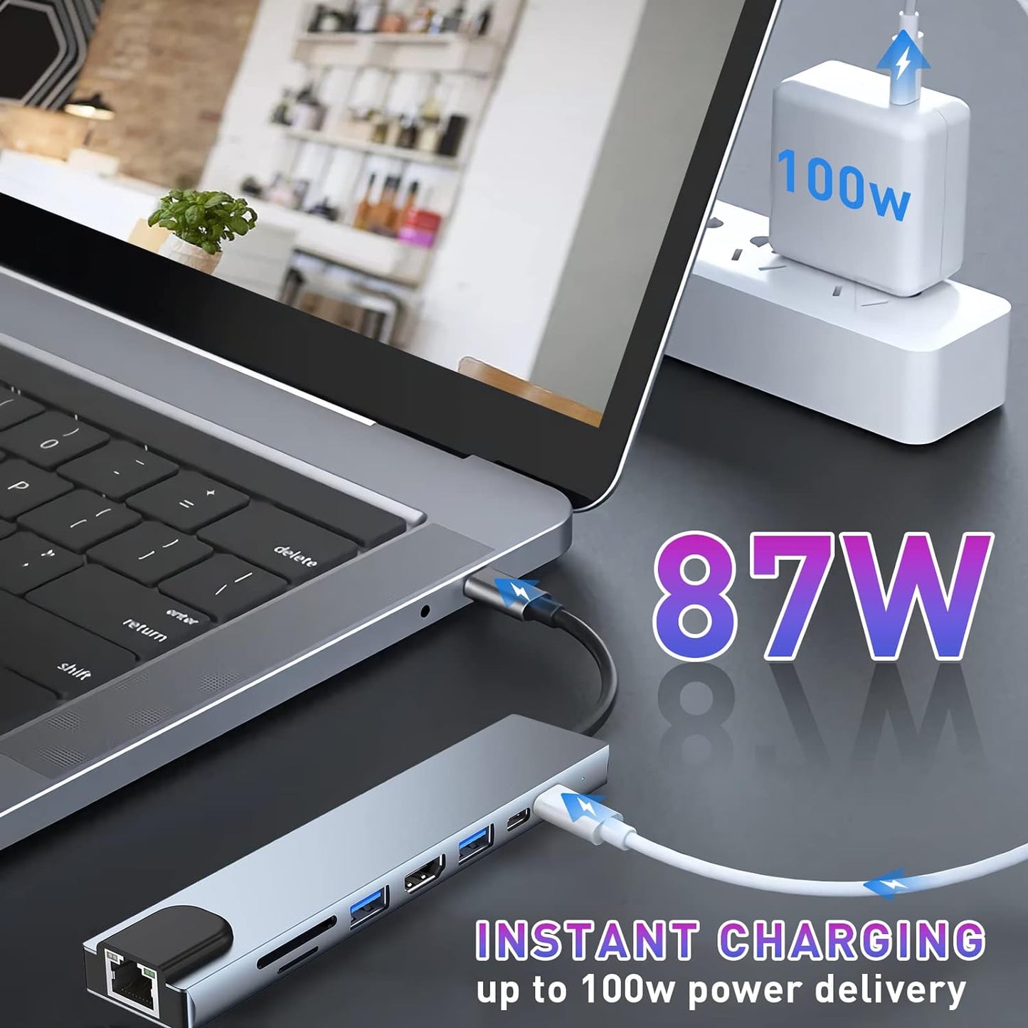 HUB USB C, Adaptateur USB C 8 en 1 avec HDMI 4K, PD 100 W, Port USB C, USB 3.0, Ethernet RJ45, Lecteur de Carte SD/TF, Station d'accueil Compatible avec MacBook Pro/Air et Autres Appareils de Type C
