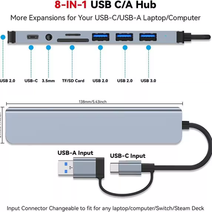 Adaptateur Hub 8 En 1 USB 3.0 Et Type-C / USB-C Vers USB 3.0 USB 2.0