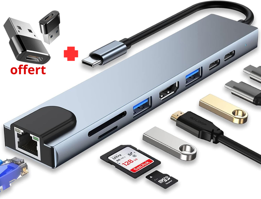 HUB USB C, Adaptateur USB C 8 en 1 avec HDMI 4K, PD 100 W, Port USB C, USB 3.0, Ethernet RJ45, Lecteur de Carte SD/TF, Station d'accueil Compatible avec MacBook Pro/Air et Autres Appareils de Type C